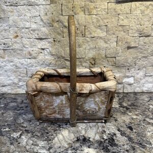 Vintage Woven Rustic Birch Bark Basket With Handle‎ 6" L X 7" T X 3.5" W